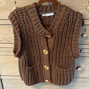 Zara Women's Chocolate Brown Knit Cardigan Vest